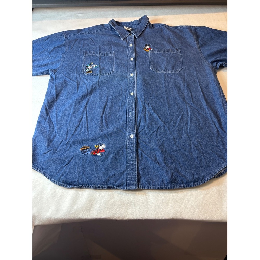 Disney Store Mens‎ XXL Denim Shirt Short Sleeve Embroidered Mickey Goofy